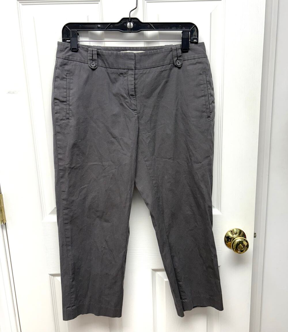 Loft Pants Gray Pinstripe Cropped Chino Style, Button Detail Belt Loop, Size 6